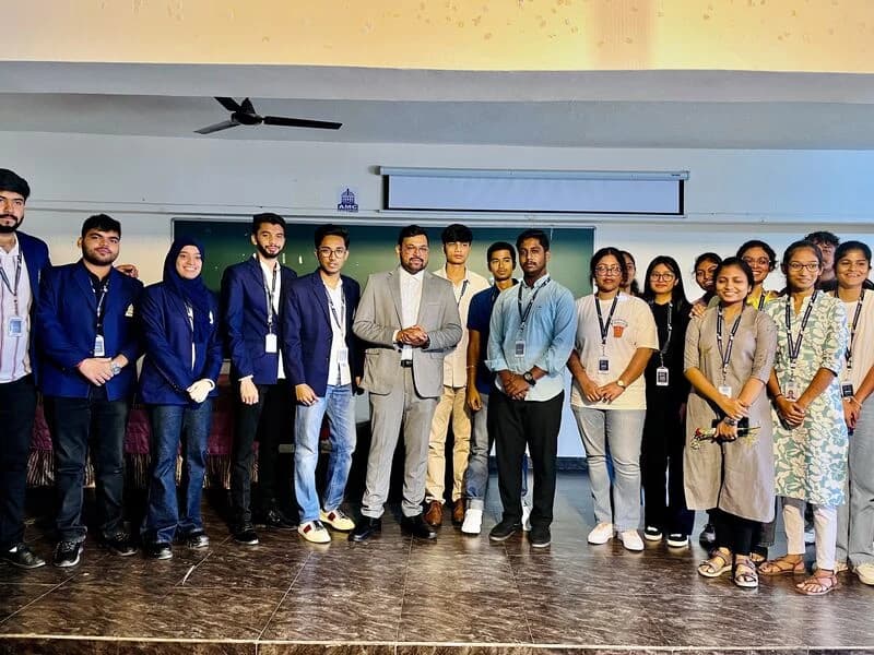 Siddu Mathapati with students at the World Entrepreneurship Day program at AMC Engineering College