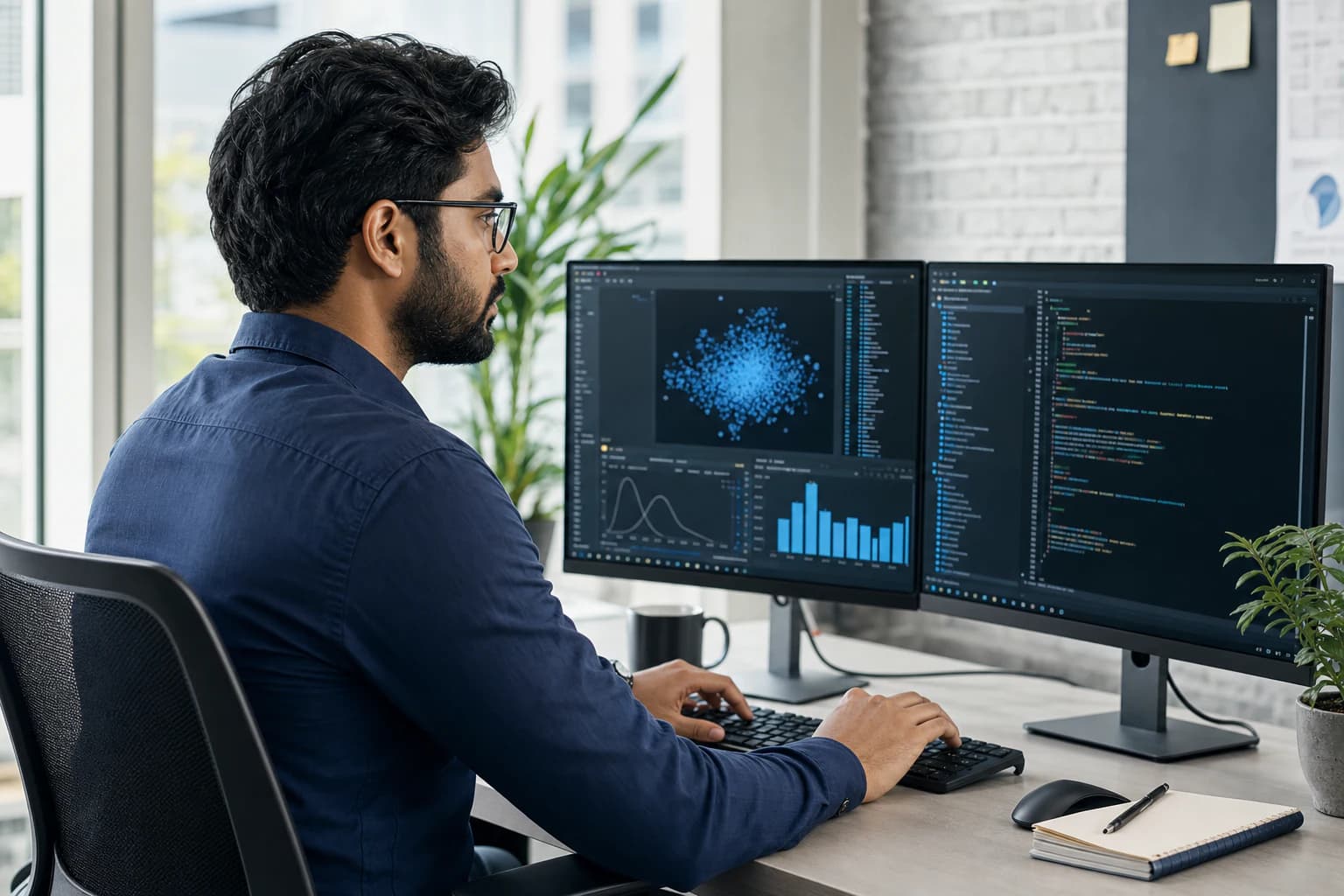 Illustrative view of a data professional working with analytics and code
